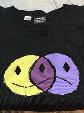 WeSC Black Crewneck Sweater with Yellow and Purple Smiley Design
